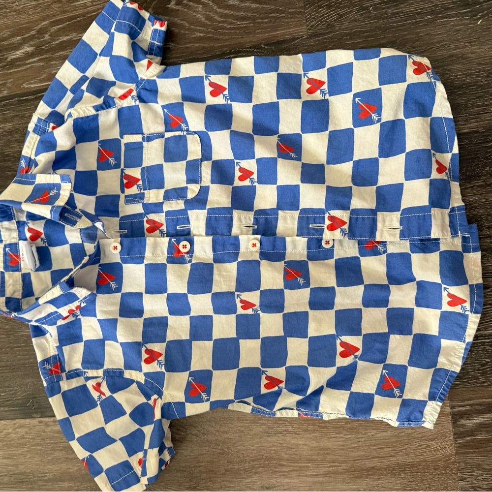 Hanna Andersson Blue and White Checkered Button-Down Shirt with Red Hearts